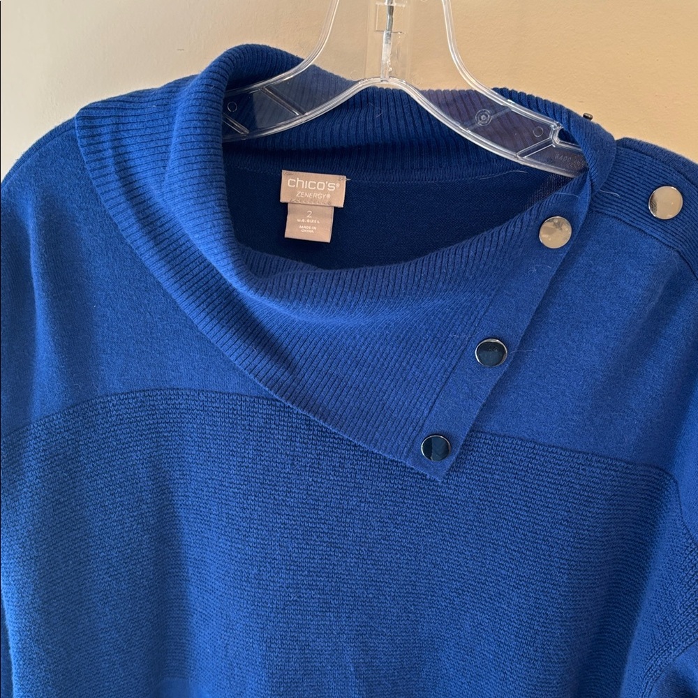 Chico's Cobalt Blue Button-Accent Asymmetrical Cowl Neck Sweater